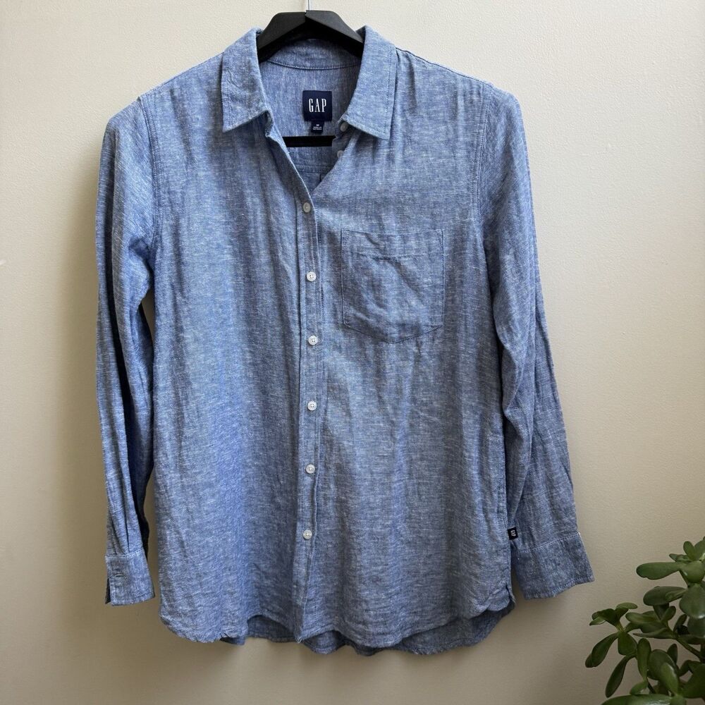 Gap Women's Top L Linen Blend Button Front Long Sleeve Shirt Size L